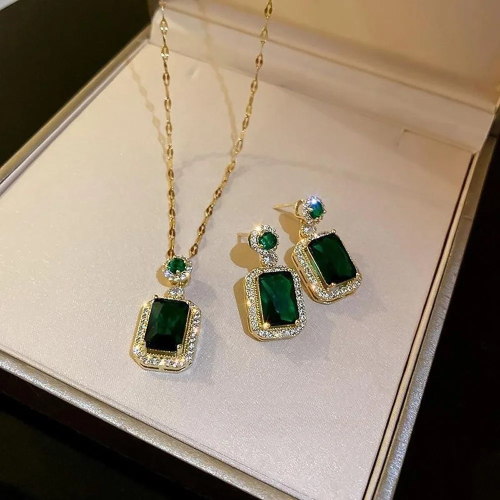 4PCS Sets Exquisite Quadrate Rhinestone Necklace Earrings Ring Jewelry Set Charm Ladies Jewelry Fashion Bridal Gifts - Image 2