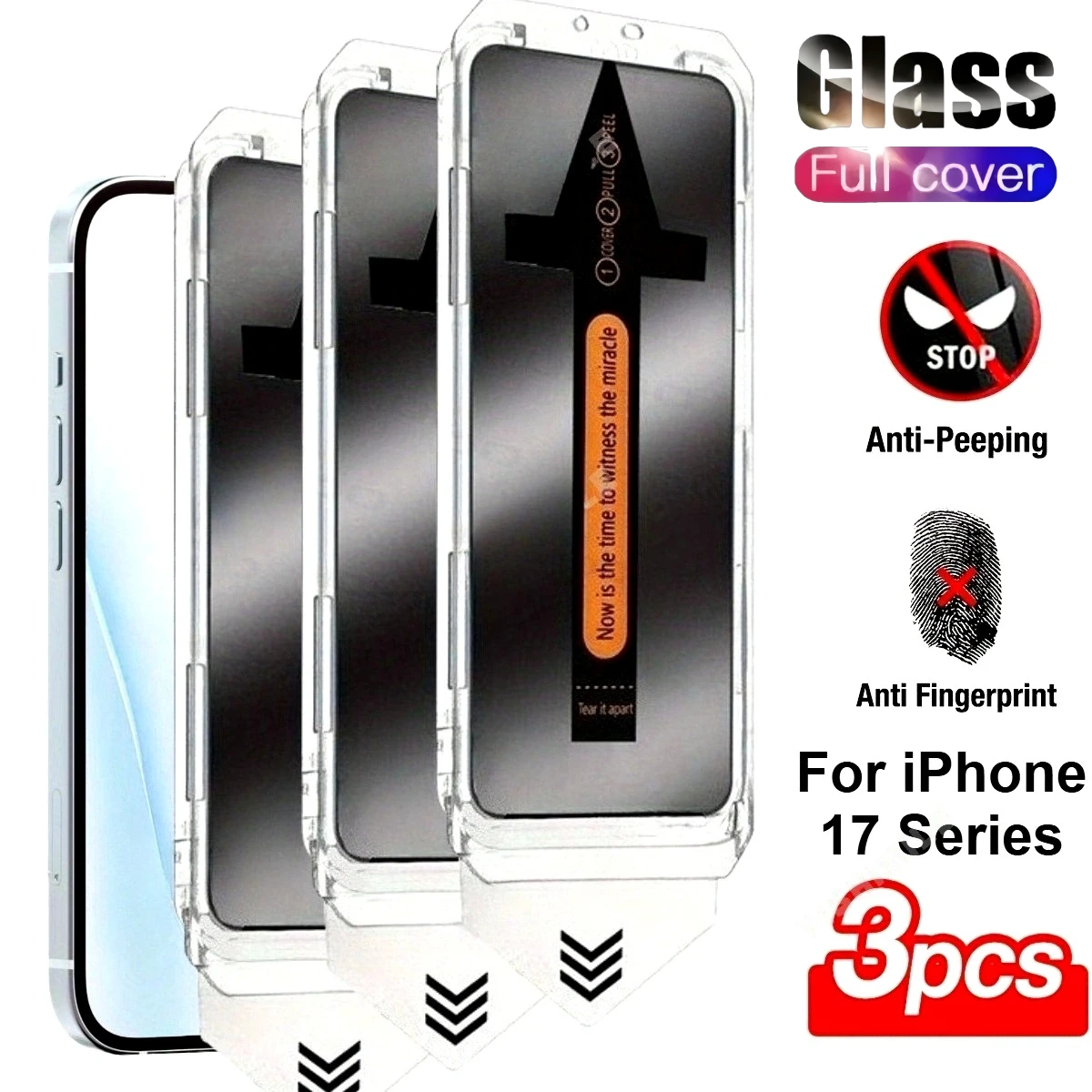 3Pcs Privacy Full Screen Protector for iPhone 17 16 15 14 Pro Max 17 Air 16 15 Plus 13 12 11 Pro XS XR Easy Installation Glass