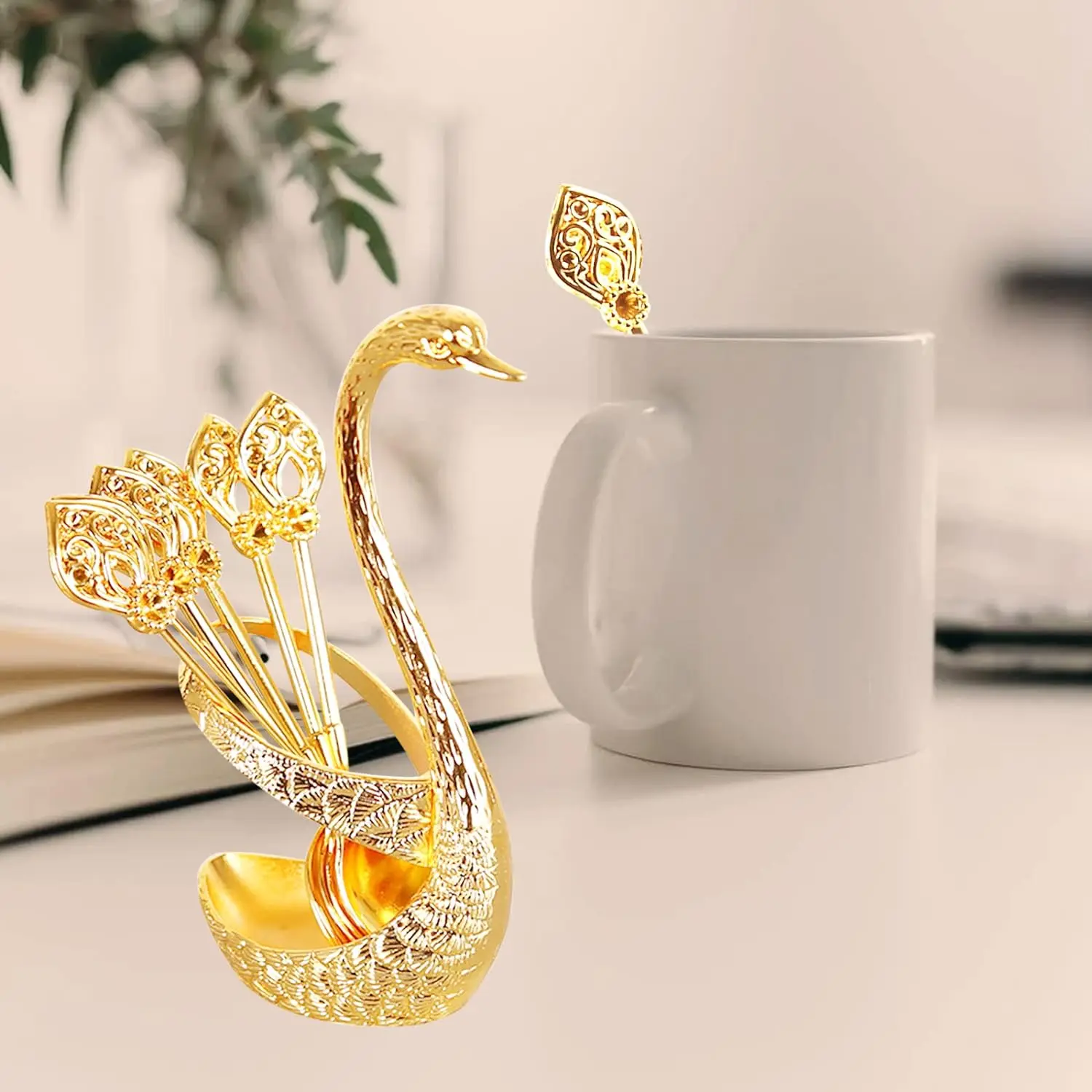 Ice Cream Cake Coffee Tea Stirring Spoons Dessert Swan Holder Cutlery Spoons Set Cutlery Kitchen Tableware 1 Set of 7 Pieces - Image 4
