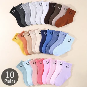 10 pairs of cute solid-color smiling face pattern children’s mid-calf socks, suitable for boys and girls socks