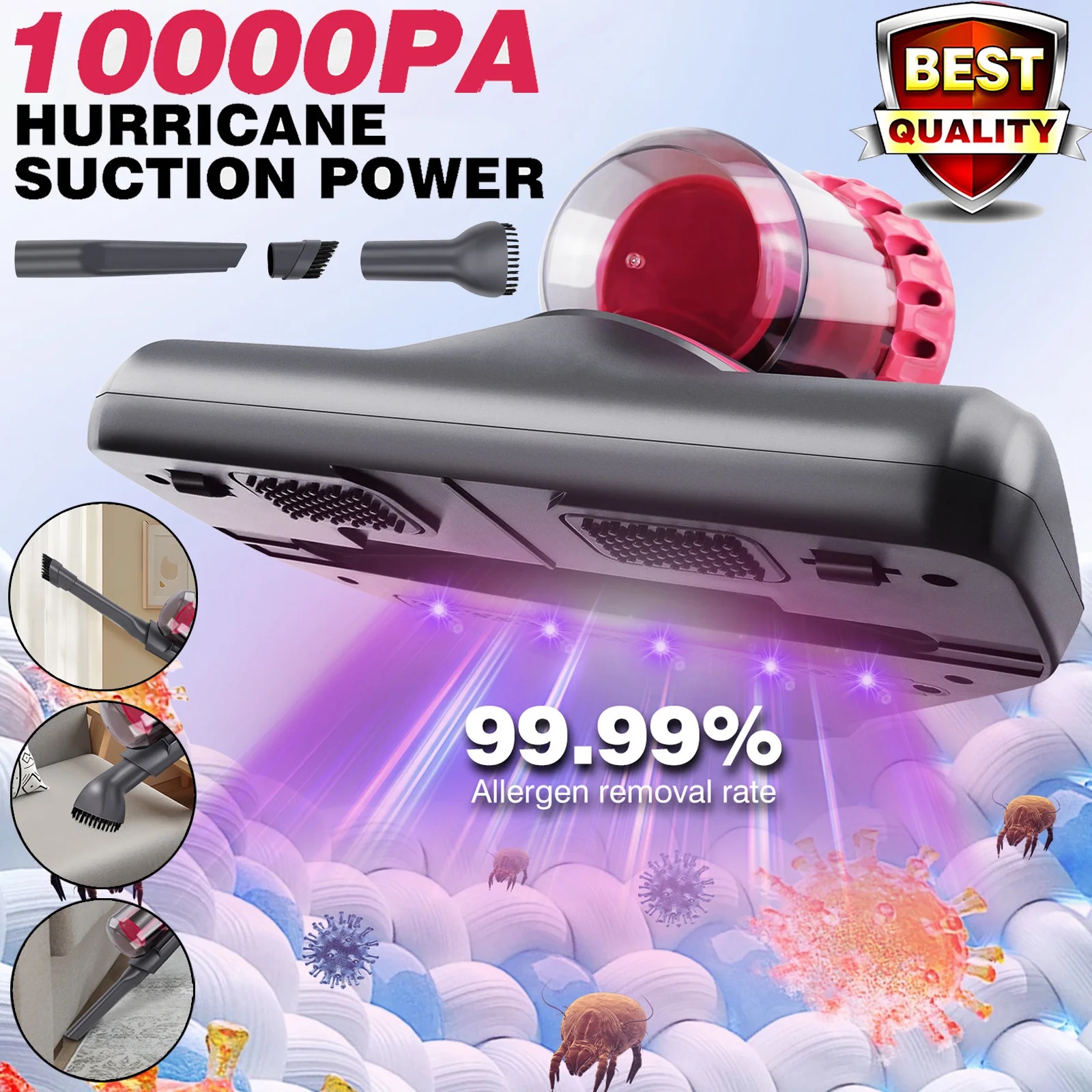 10000PA Mattress Vacuum Cleaner Ultraviolet Sterilization Machine Mini Handheld Wireless Mite Remover USB Charging Portable UV-C
