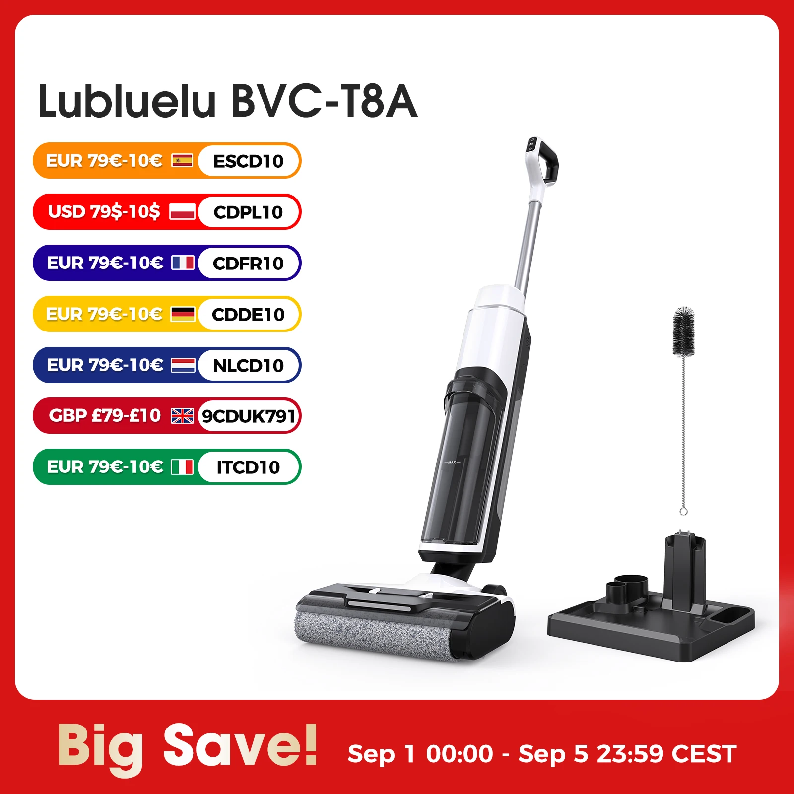 Lubluelu Wet Dry Vacuum Cleaner 3-in-1 Vacuum Mop Self-Cleaning 6mm Edge Cleaning Twin Blades for Pet Hair Power Floor Washer