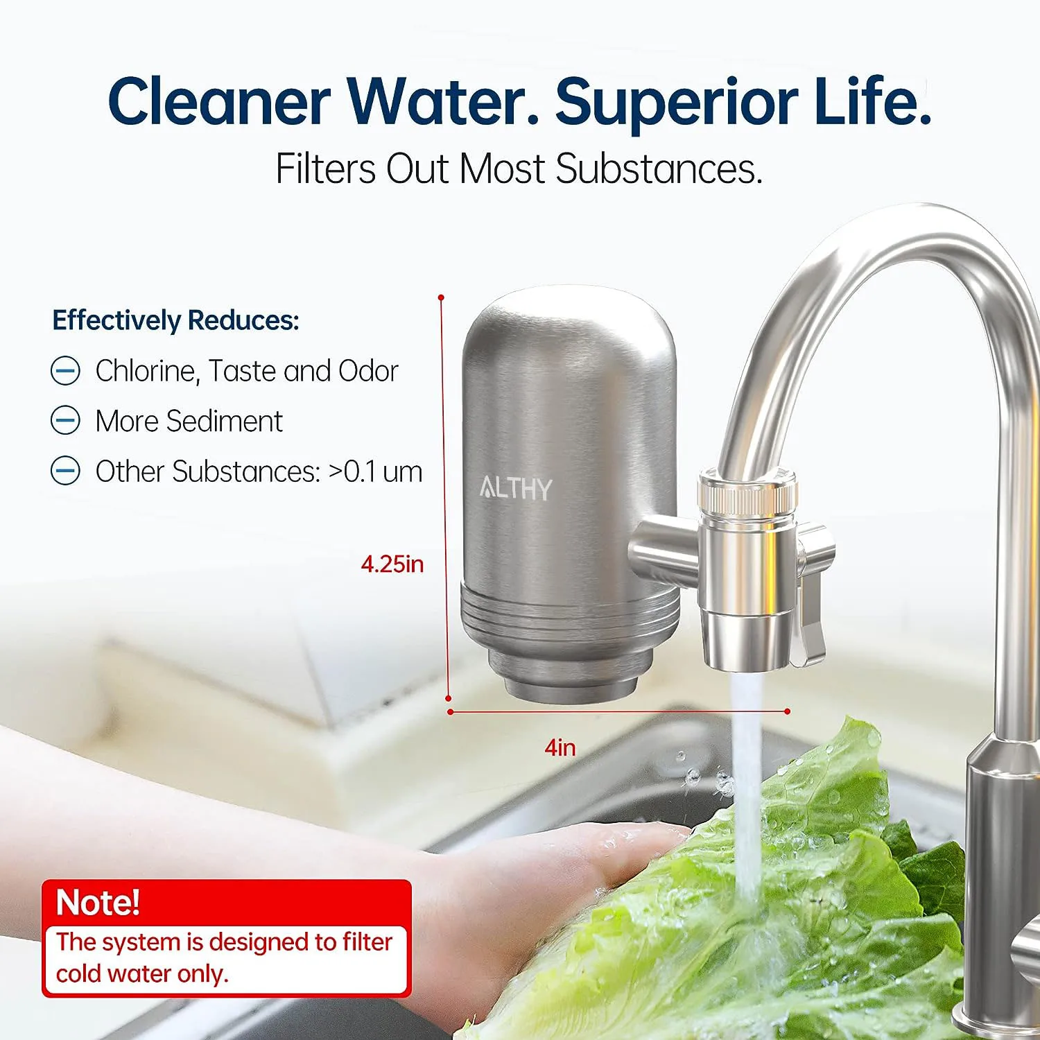 ALTHY Stainless Steel Faucet Tap Water Filter Purifier System, NSF Certified Reduces Lead, Chlorine & Bad Taste Kitchen - Image 2