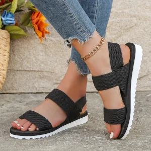 Women’s fashion trend anti-slip wear comfortable matching color sole pure black shoelace flat sandals