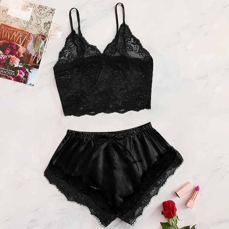 2025 Summer 2 Pcs Women's New Sexy Lace See-Through Pajamas Black Pink Cute Clothes Comfortable Breathable Suspender Shorts Set - Image 2