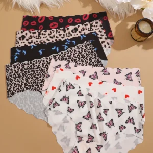 FINETOO 5Pcs Seamless Print Underwear for Women Sexy Leopard Butterfly Briefs Female Ice Silk Panties Comfortable Lingerie S-XXL