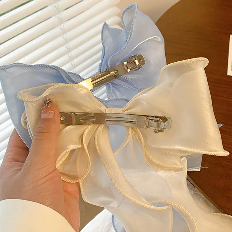Sweet Chiffon Bow Hair Clips Girls Blue Shining Satin Bowknot Hair Clips Ribbon Bow Barrette Hairpin Grip Ponytail Clip Headwear - Image 2
