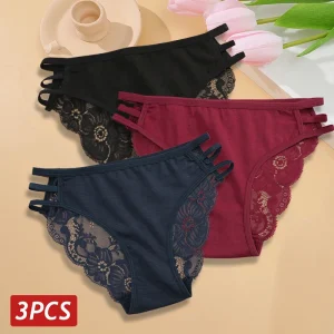 3PC/Set Women’s Sexy Floral Lace Panties Low Rise Hollow Out Briefs Transparent Underwear Female Elastic Straps Soft Lingerie