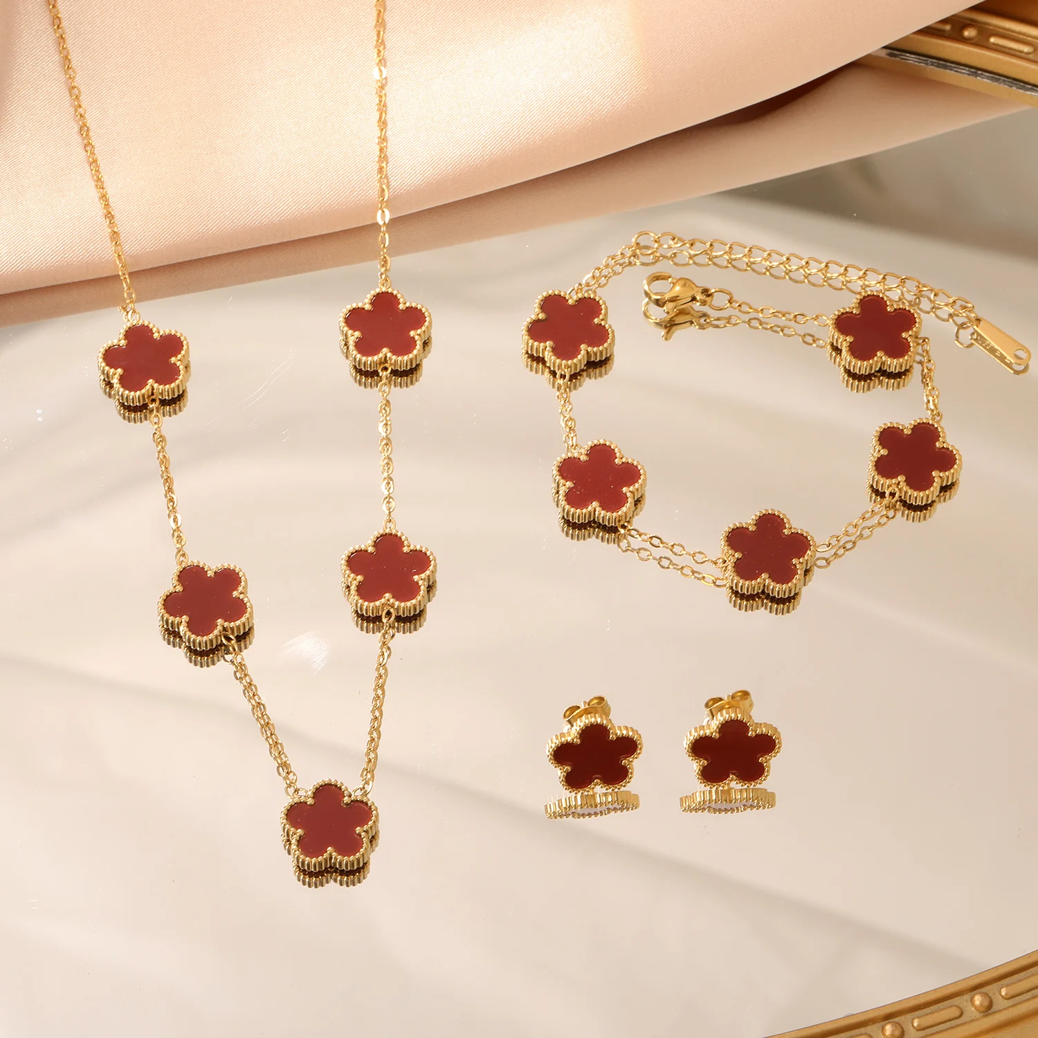 LUXUKISSKIDS Fashion Flower Necklace Earrings Set Jewelry Women Stainless Steel White Shell Clover Bracelet Jewelry Accessories - Image 3