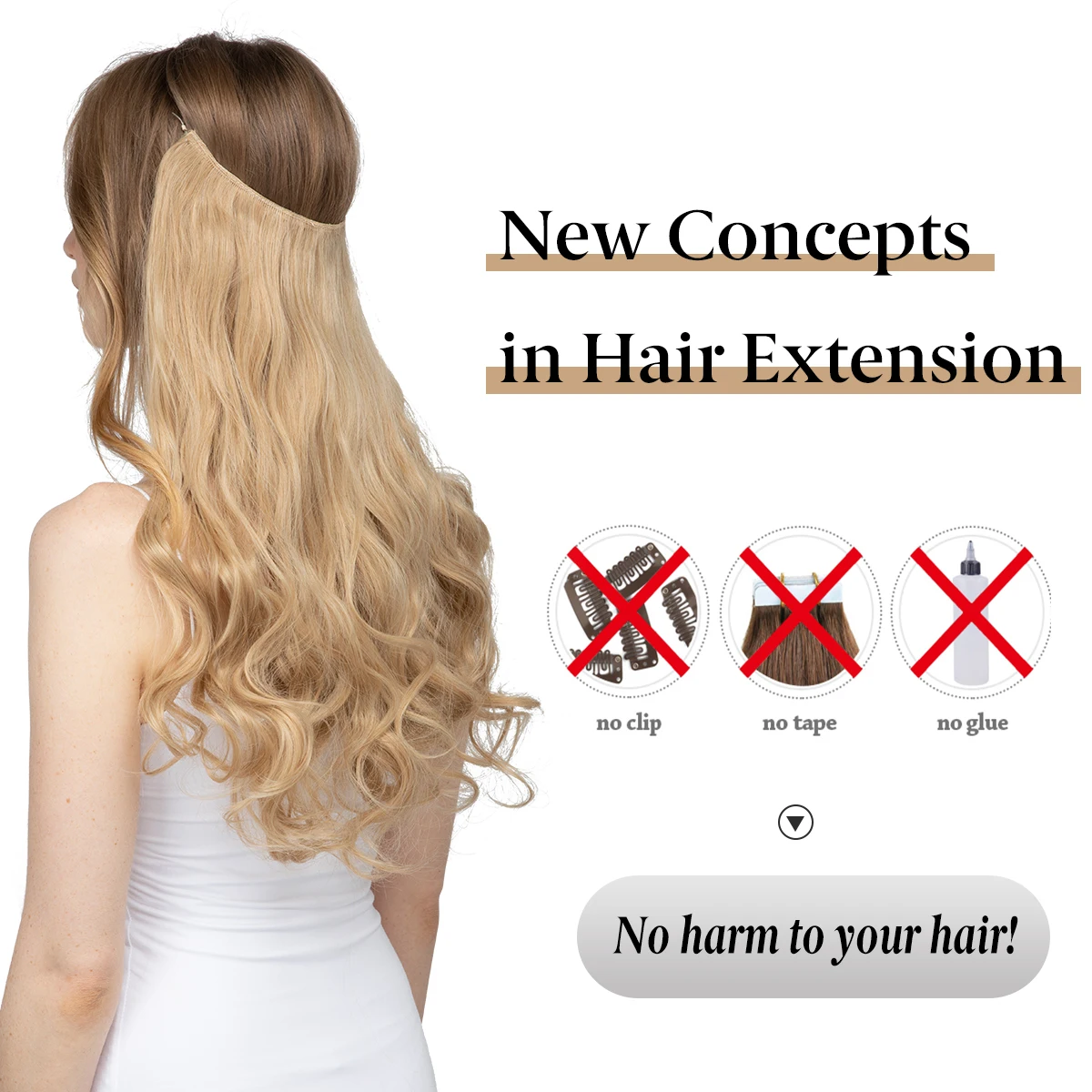 Synthetic No Clips In Natural Hair Extension Ombre Black Blonde Pink One Piece Long Wave Invisible Wire False Fake Hair Piece - Image 3