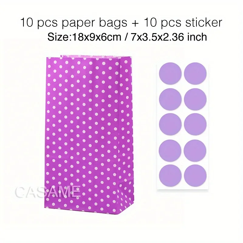 10 pcs Colorful Solid Stripe and Polka Dot Stand-Up Bags with Stickers - 18x9x6cm Favor Gift Packing Treat Bags for Wedding - Image 6