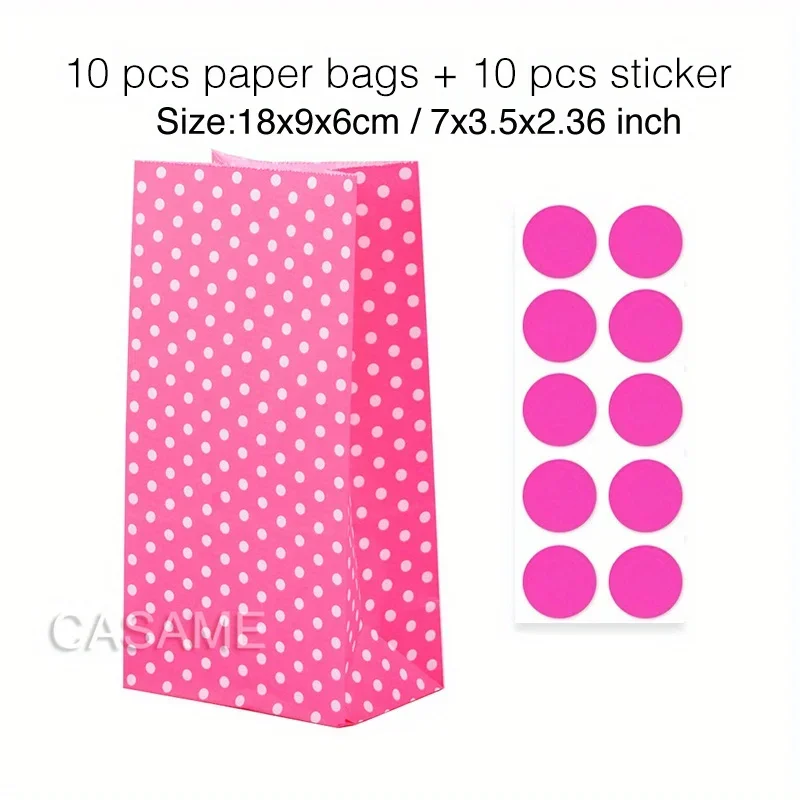 10 pcs Colorful Solid Stripe and Polka Dot Stand-Up Bags with Stickers - 18x9x6cm Favor Gift Packing Treat Bags for Wedding - Image 3