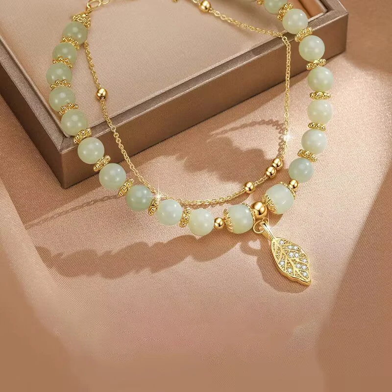 Chinese Style Green Jade Bracelet For Women Exquisite Gold Color Leaves Wrist Strap Bangle Double Chain Bracelet Girls Gifts - Image 3
