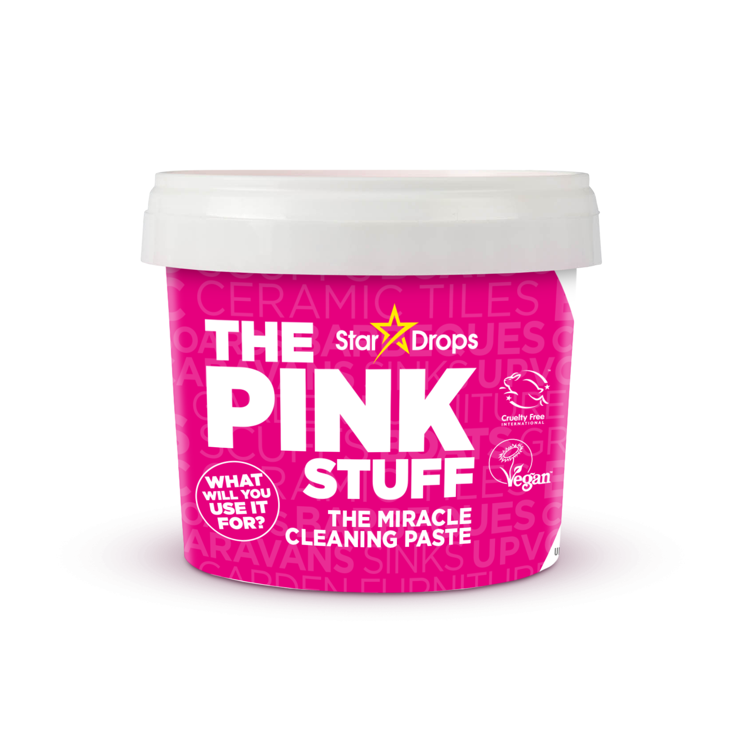The Pink Stuff Miracle Cleaning Paste is perfect for cleaning dirt, grime and stains on saucepans, cooker tops, sinks, uPVC, barbecues, ceramic tiles, glass, showers, garden furniture, paintwork, boats and brass... the list is endless.